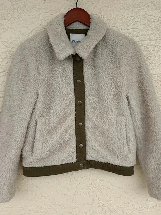 Madewell Sherpa Fleece Snap Jacket Womens Small Ivory Faux Shearling Coat - Picture 1 of 12